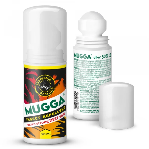 Środek na komary tropikalne. Mugga Strong Roll On - 50% DEET. 